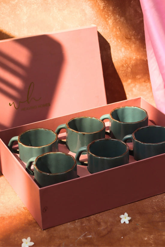 Set of 6 - Deep Green Forest Tea Cups in a gift box handmade in india
