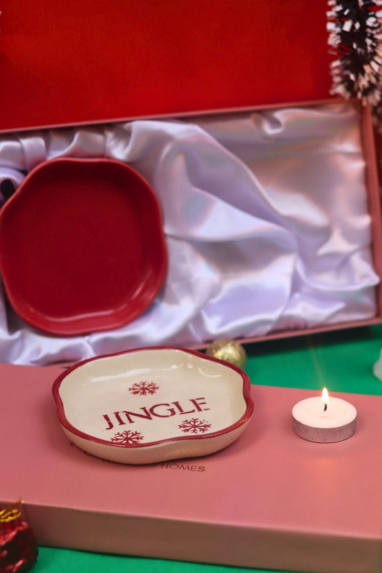 Lead free Jingle & Red Handmade Dessert plate in a Gift Box