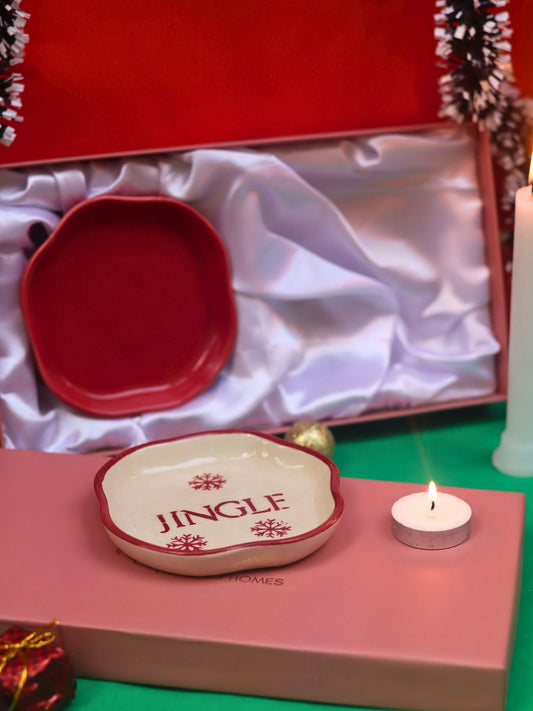 Lead free Jingle & Red Handmade Dessert plate in a Gift Box
