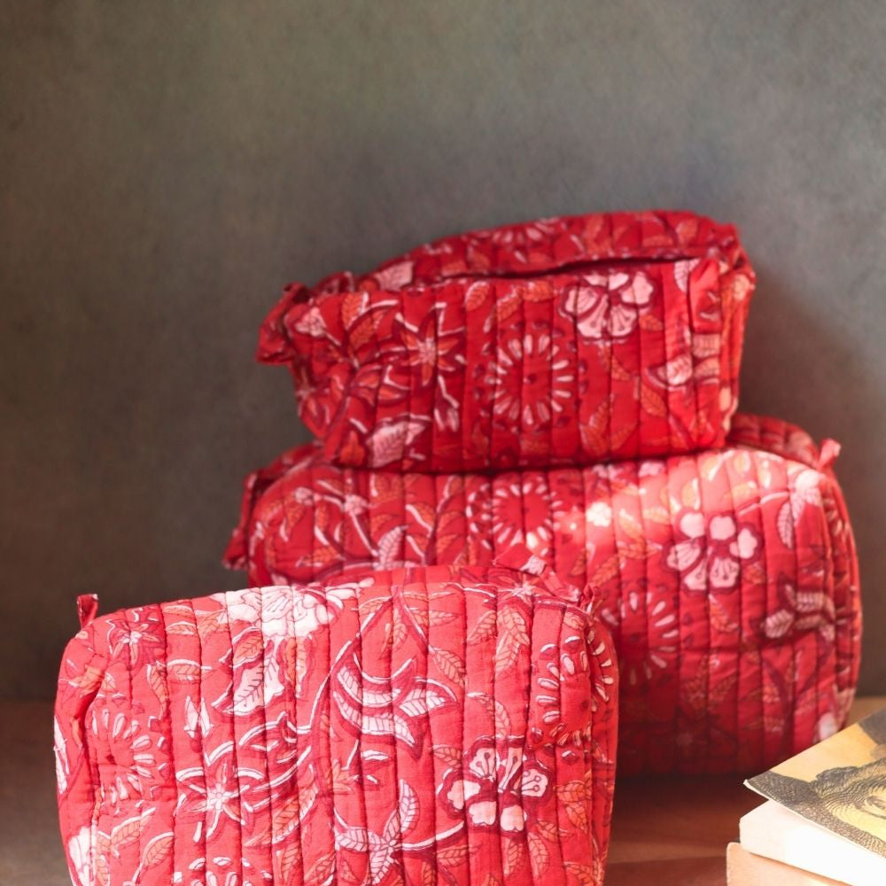 red floral toiletry bag handmade in india 