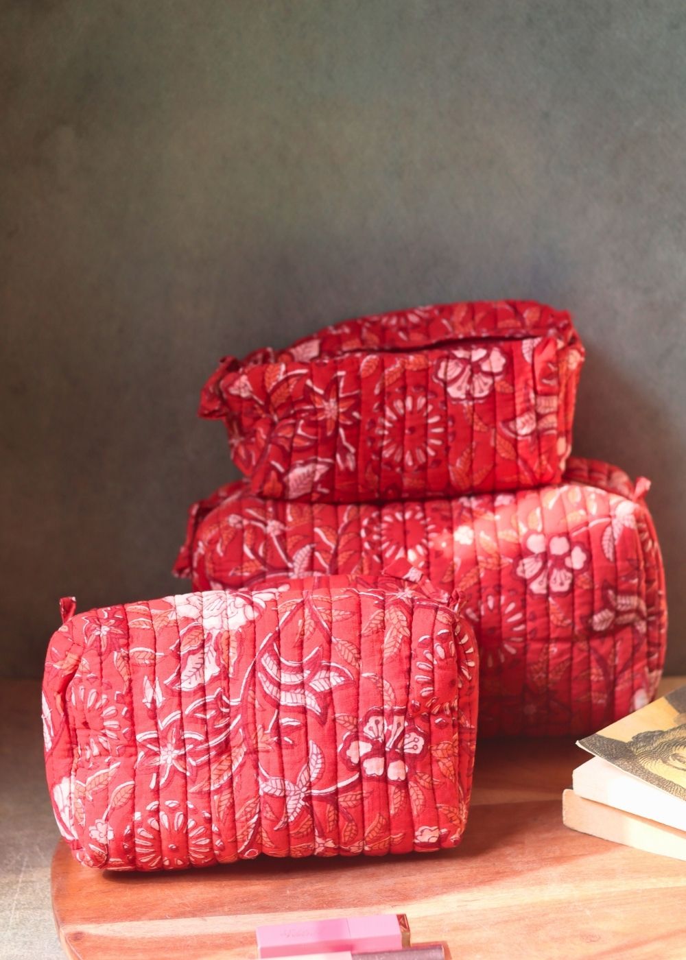 red floral toiletry bag handmade in india 