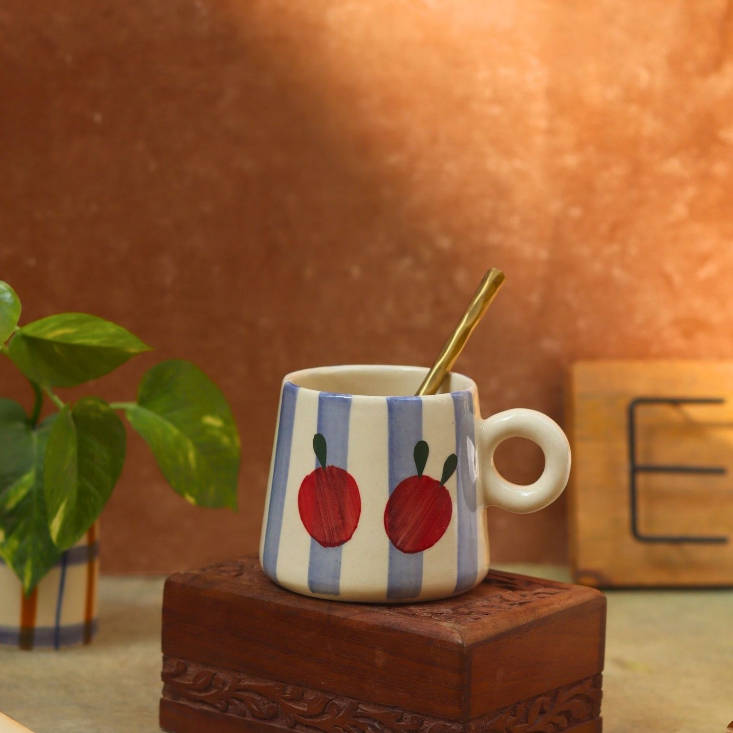 handmade Striped Cherry Mug - Blue