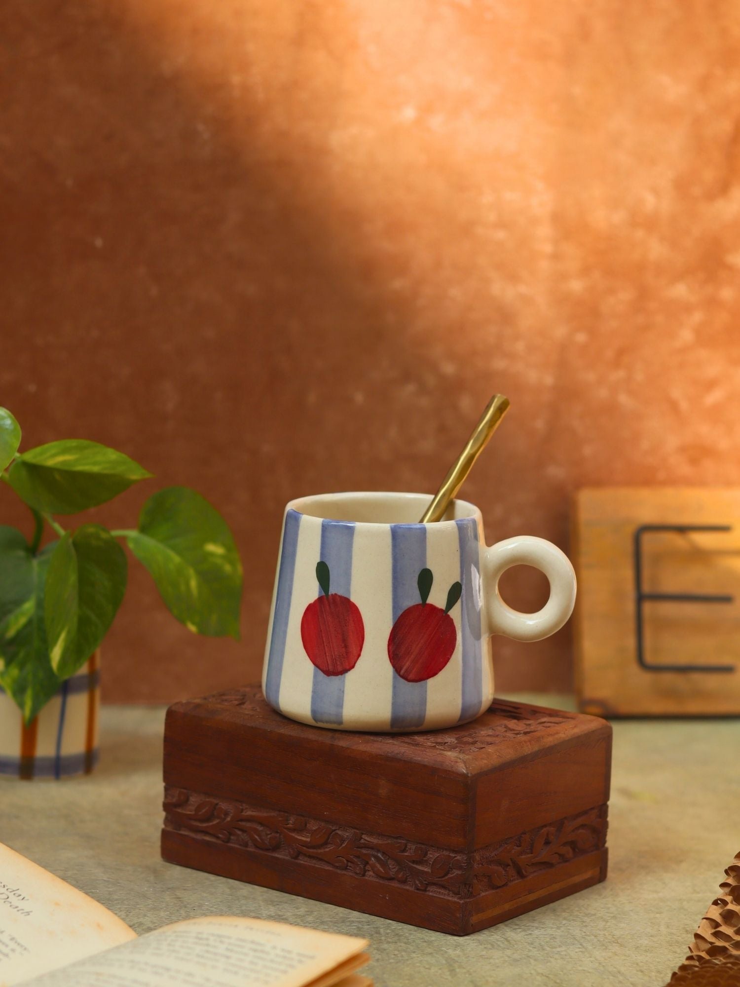 handmade Striped Cherry Mug - Blue