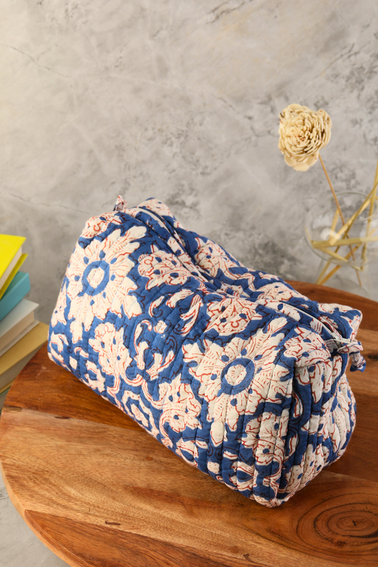 Block Printed Dark Blue Floral Toiletry Bag -  Small