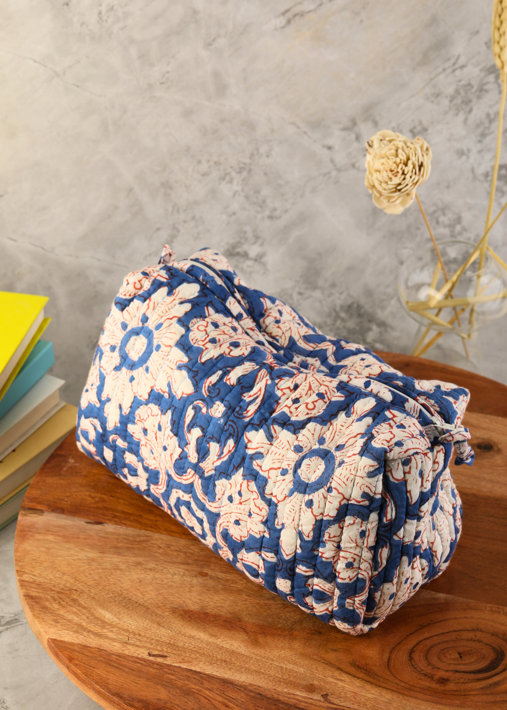 Block Printed Dark Blue Floral Toiletry Bag -  Small