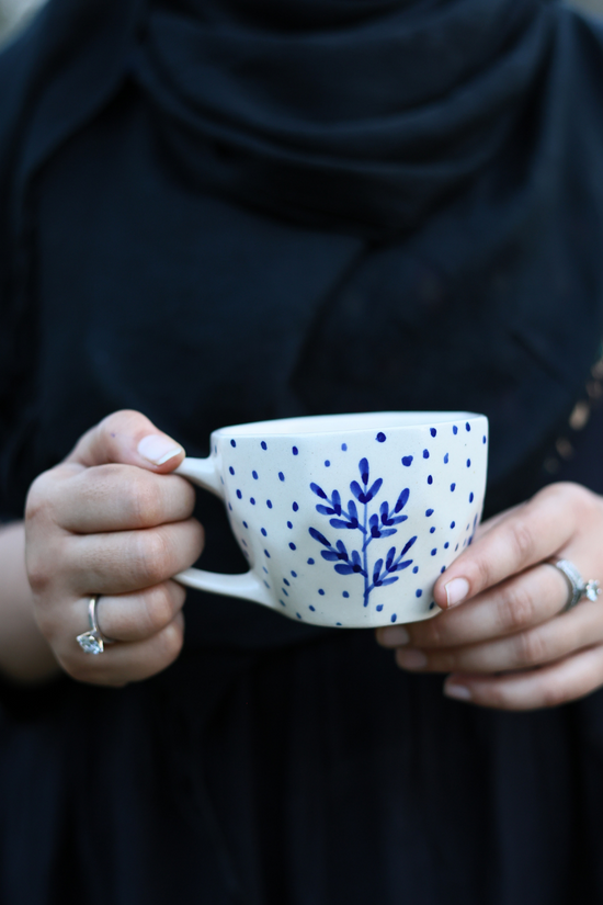 blue fall leaf mug handmade, ceramic 