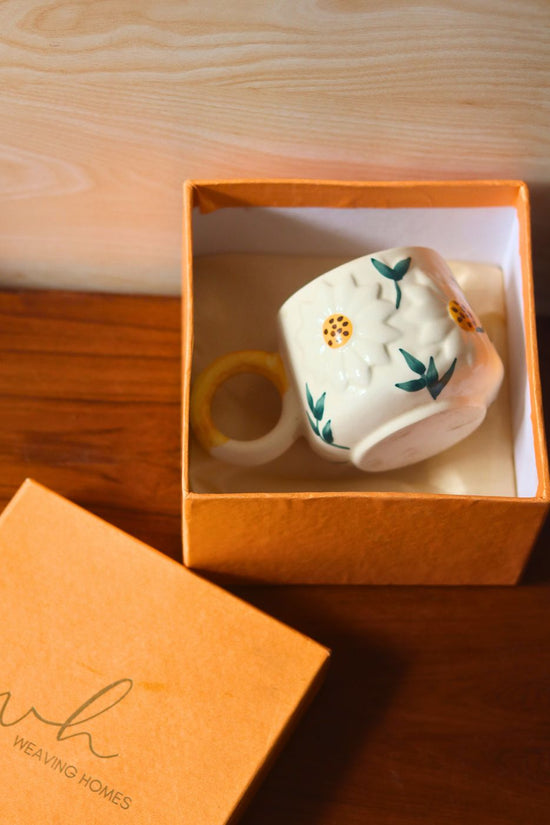 handmade daisy bloom mug in a gift box