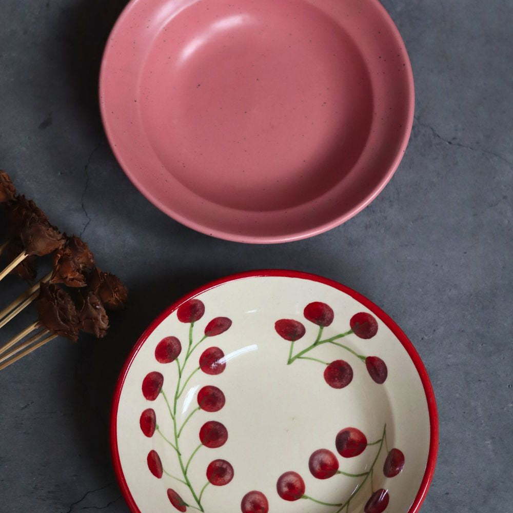 handmade Rosy Pink & Army Green Pasta Plate - Set of 2