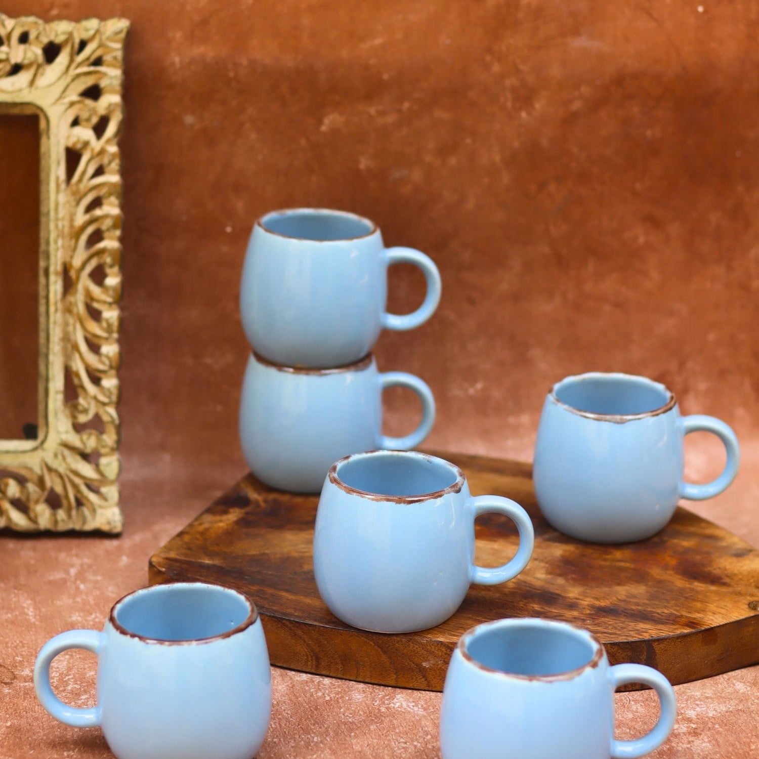 Handmade Sky Blue Ovule Shape Tea Cups - Set of 6