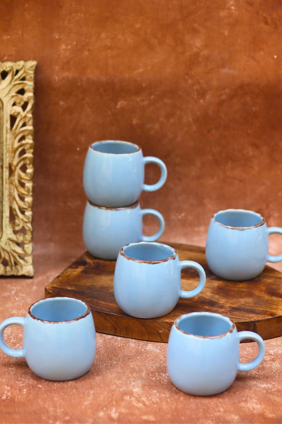 Handmade Sky Blue Ovule Shape Tea Cups - Set of 6