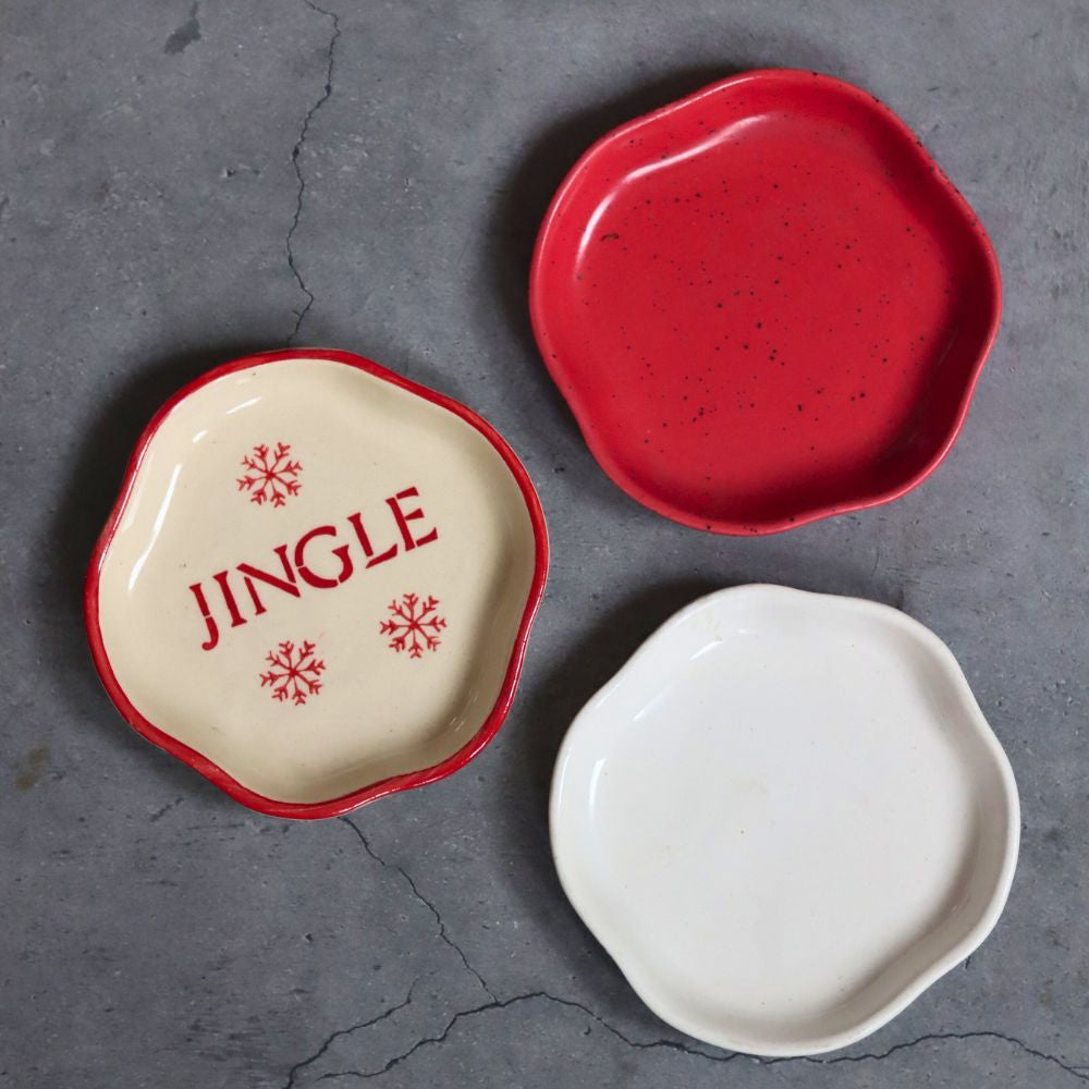 White, Jingle & Red Handmade Dessert Plate - Set of 3 made by ceramic