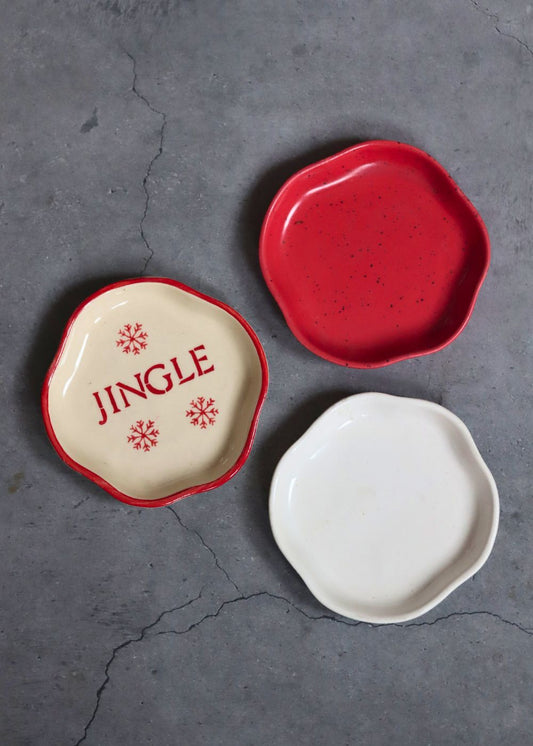 White, Jingle & Red Handmade Dessert Plate - Set of 3 made by ceramic