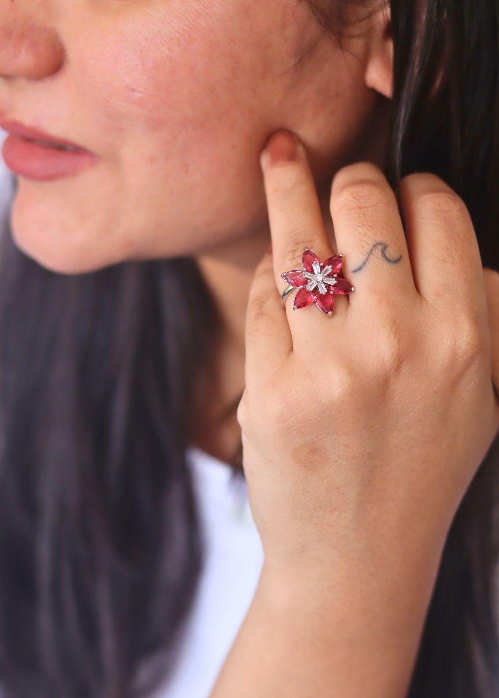Waterproof Ruby Floral Ring