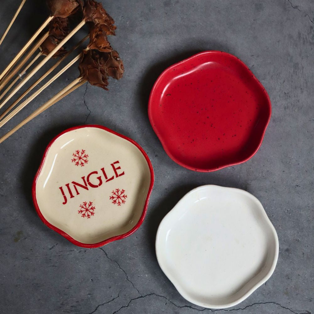 White, Jingle & Red Handmade Dessert Plate - Set of 3 with premium quality material