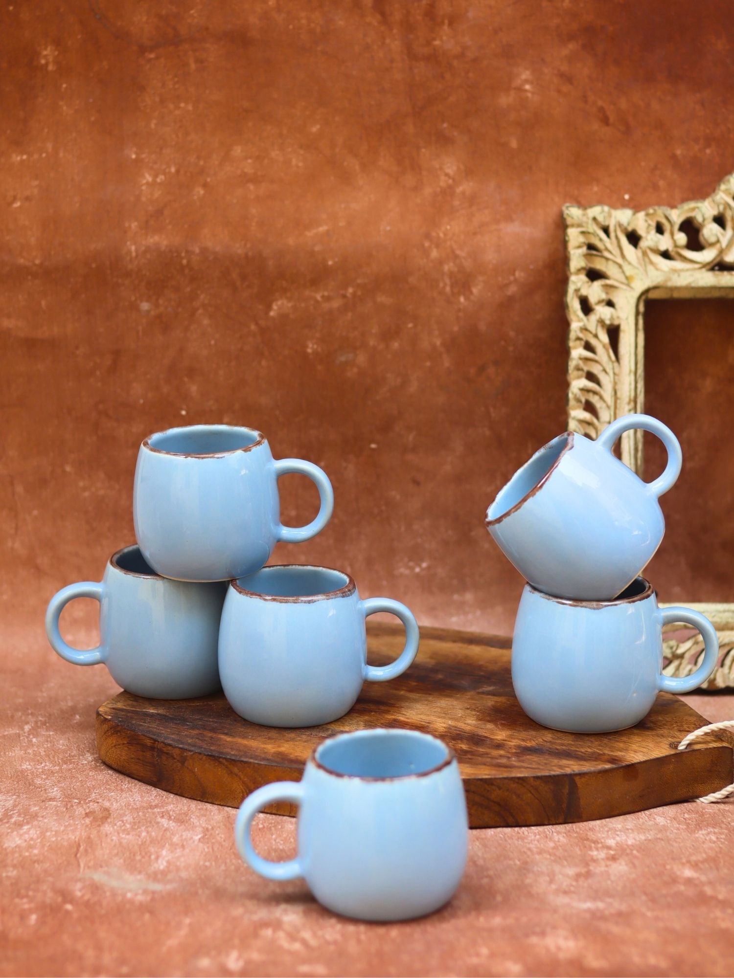 Sky Blue Ovule Shape Tea Cups - Set of 6 handmade in India