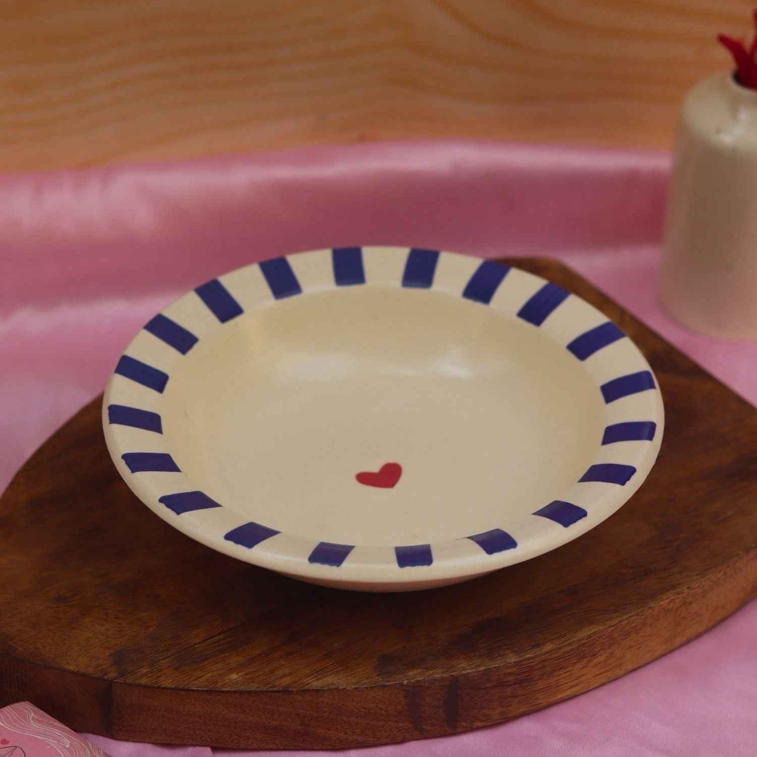 Blue striped Heart pasta plate