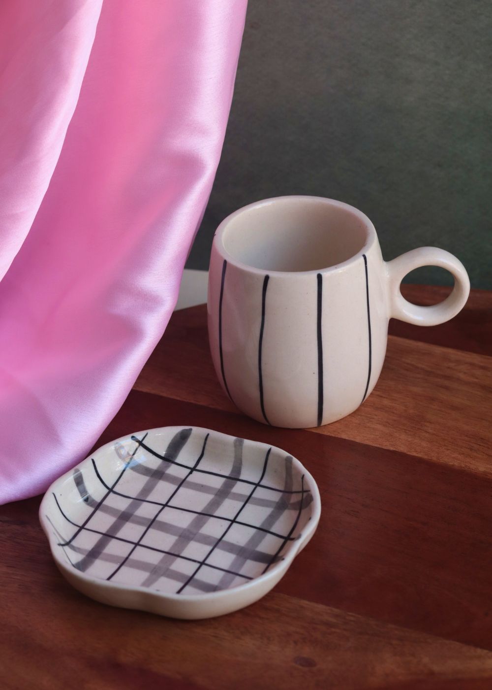 Handmade Black Lined // Cuddle Mug & Checks Dessert Plate