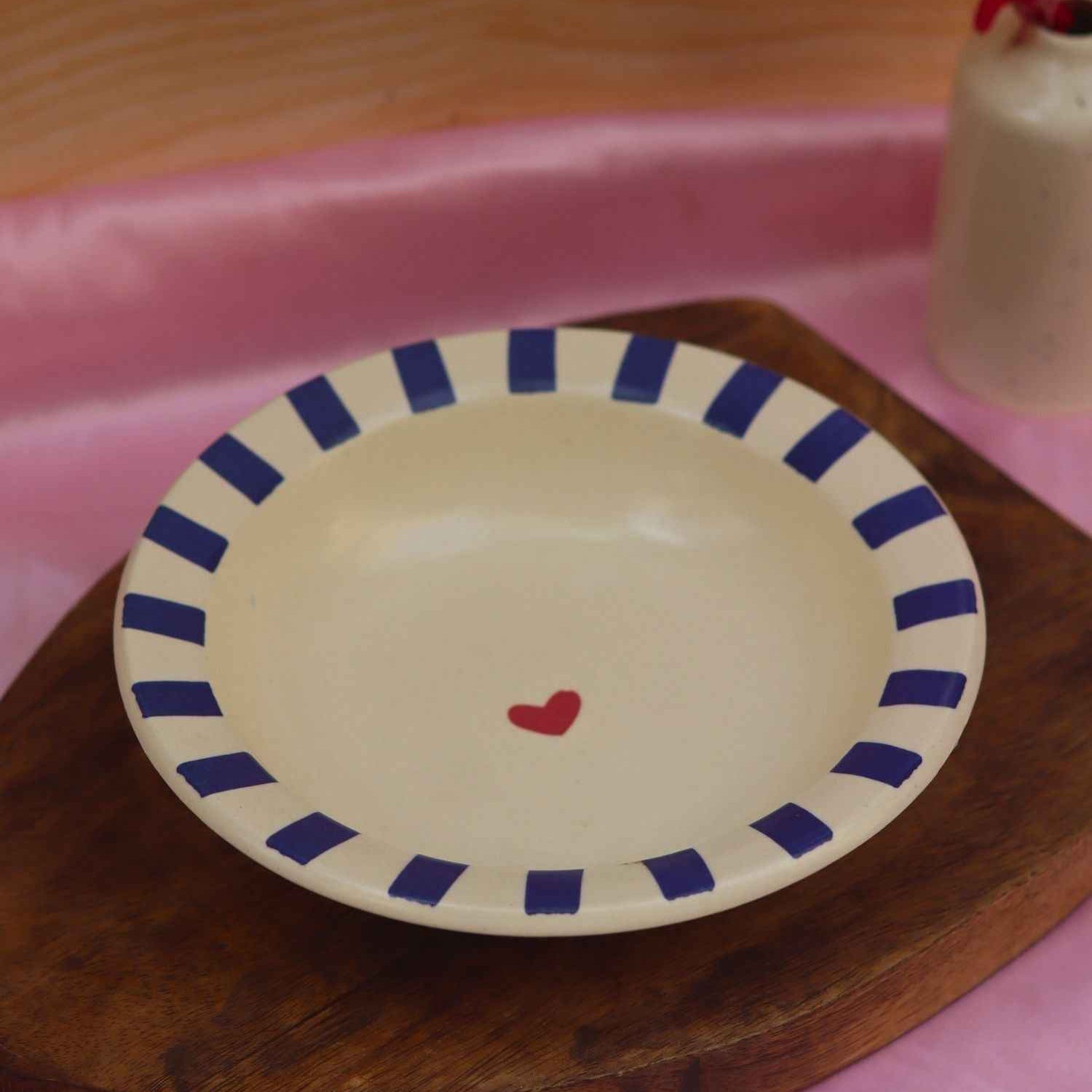 Blue striped Heart pasta plate