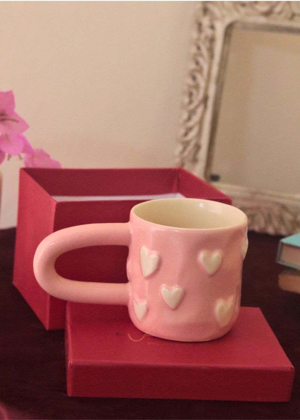 handmade Pastel Pink Heart mug in a Gift Box