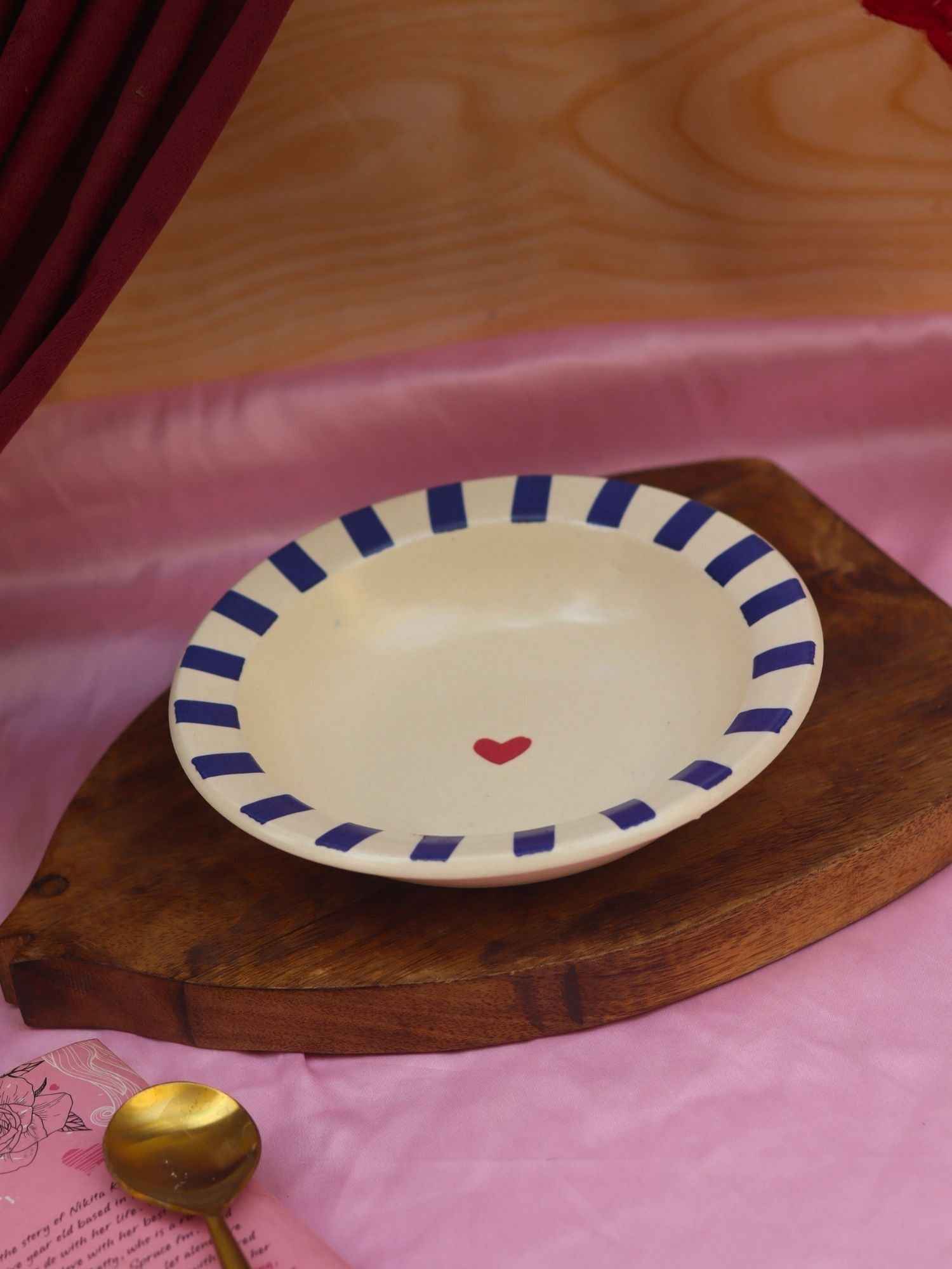 Blue striped Heart pasta plate