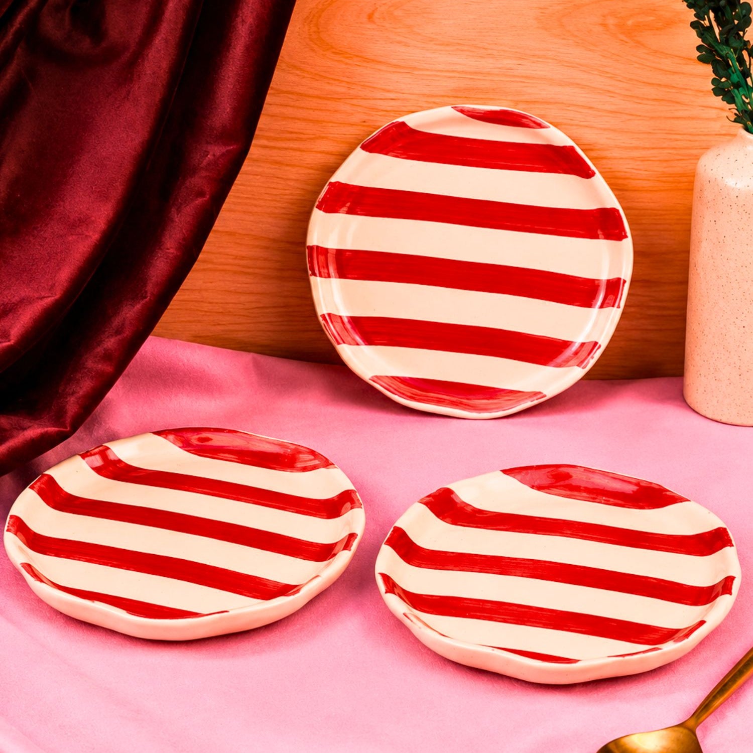 handmade Set of 3 - Red striped dessert plates