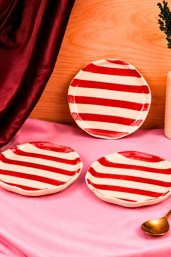 handmade Set of 3 - Red striped dessert plates