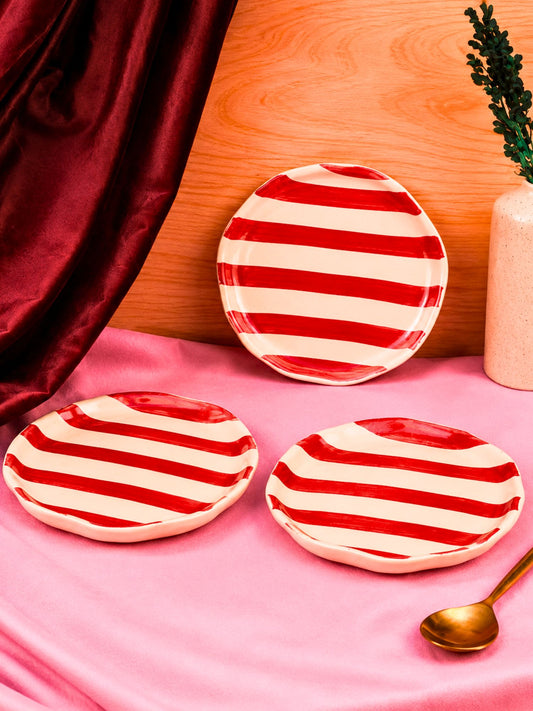 handmade Set of 3 - Red striped dessert plates