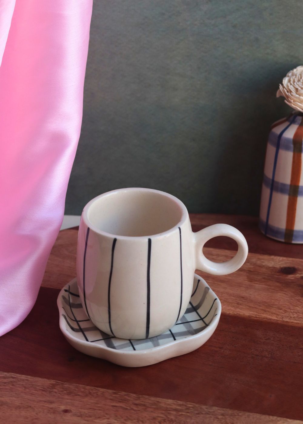 Black Lined // Cuddle Mug & Checks Dessert Plate made by ceramic