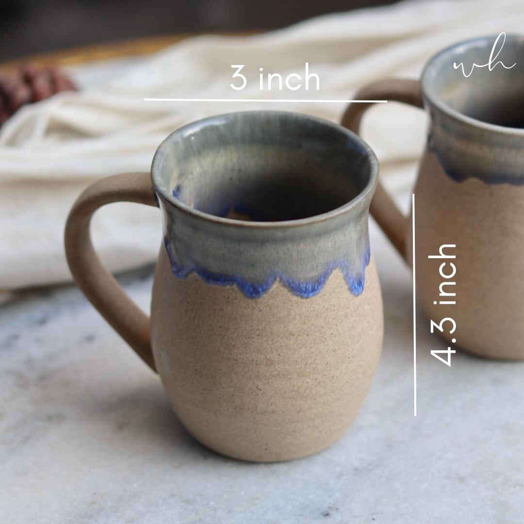 Brown & blue drip coffee mug height & breath