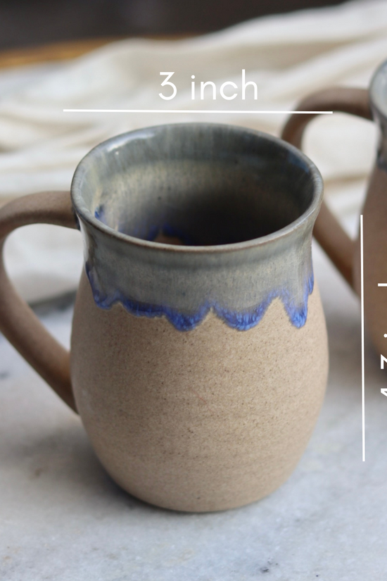 Brown & blue drip coffee mug height & breath