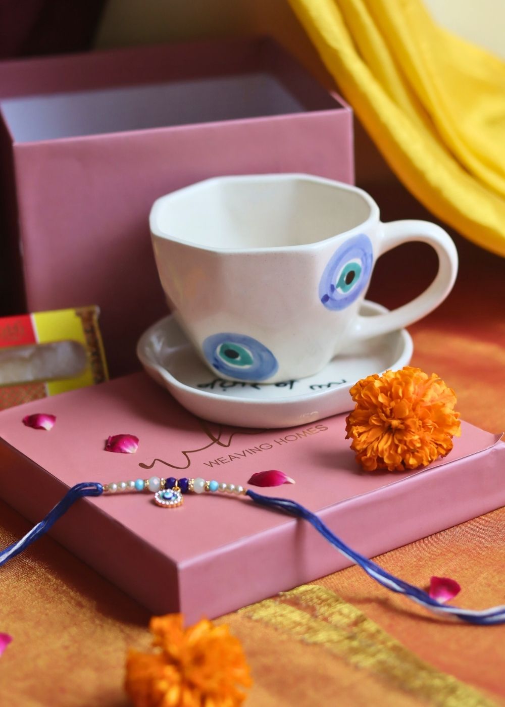Evil Eye Mug & Evil Eye Dessert Plate Rakhi Gift Box handmade in India