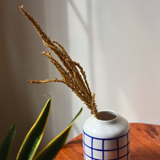 Checkered blue vase with dried bunch