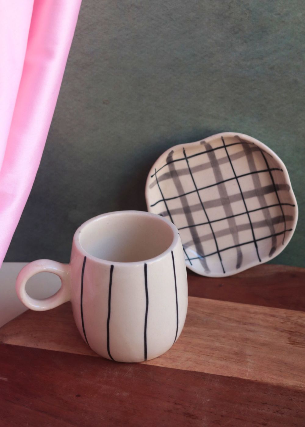 Black Lined // Cuddle Mug & Checks Dessert Plate handmade in india