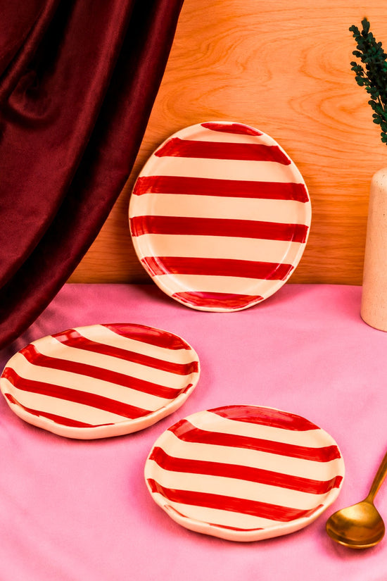 Set of 3 - Red striped dessert plates handmade in India