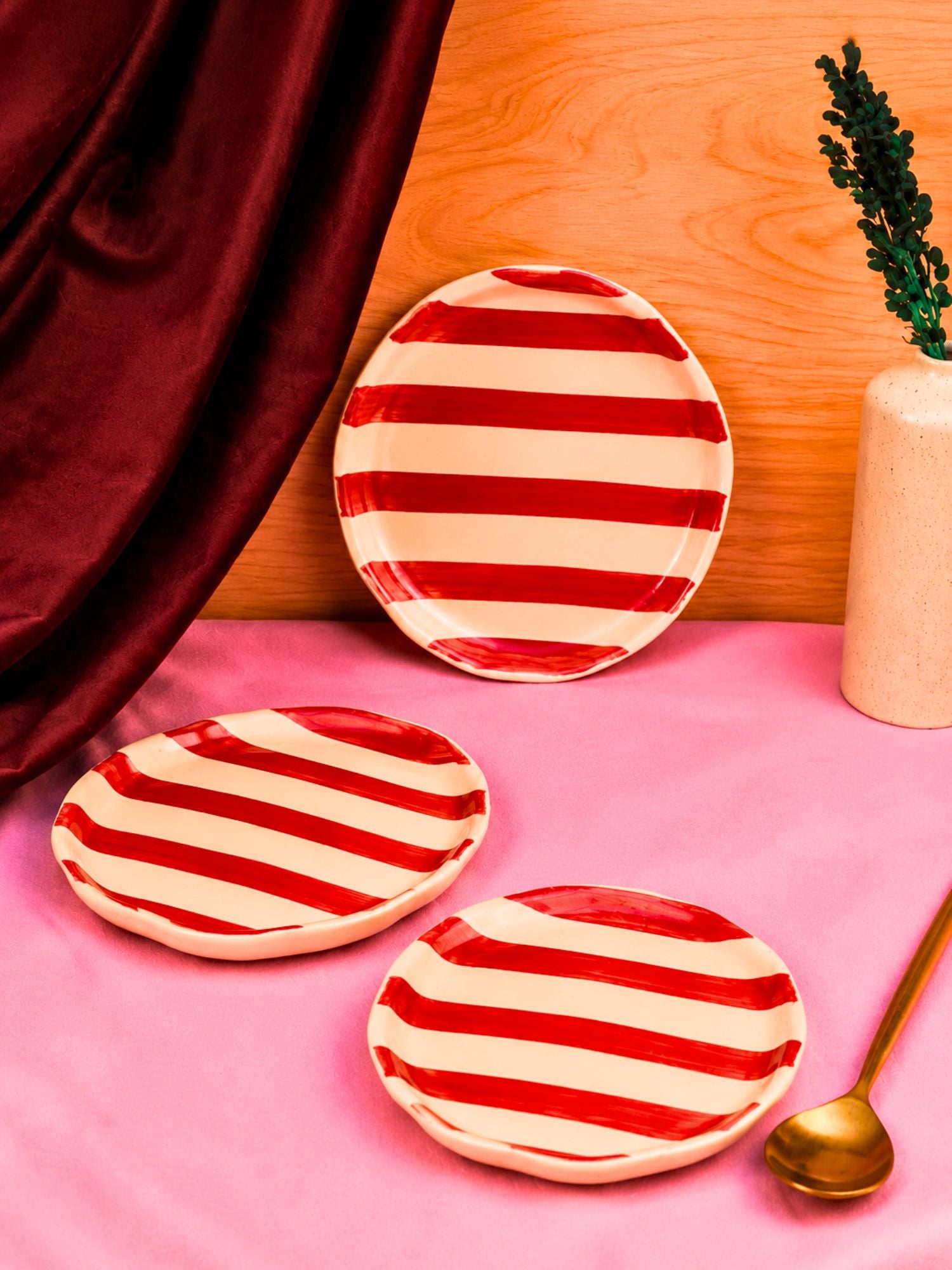 Set of 3 - Red striped dessert plates handmade in India