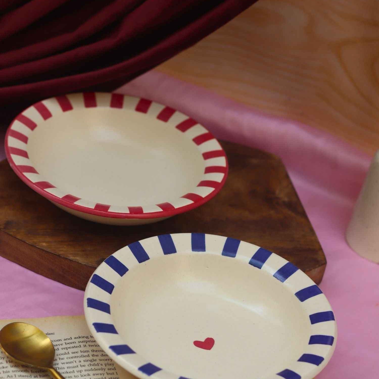 Set of 2 - Red & Blue striped pasta plates combo