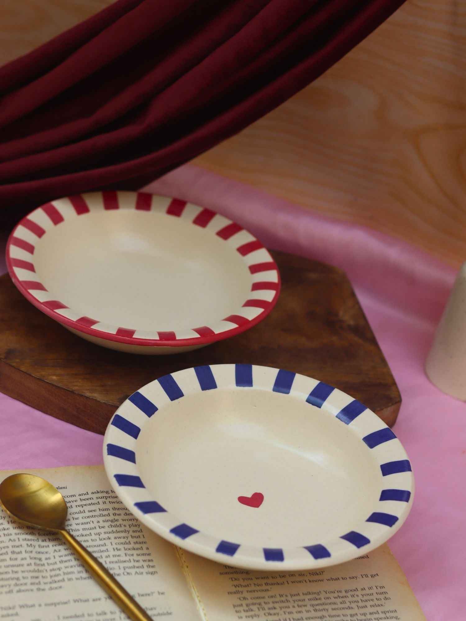 Set of 2 - Red & Blue striped pasta plates combo