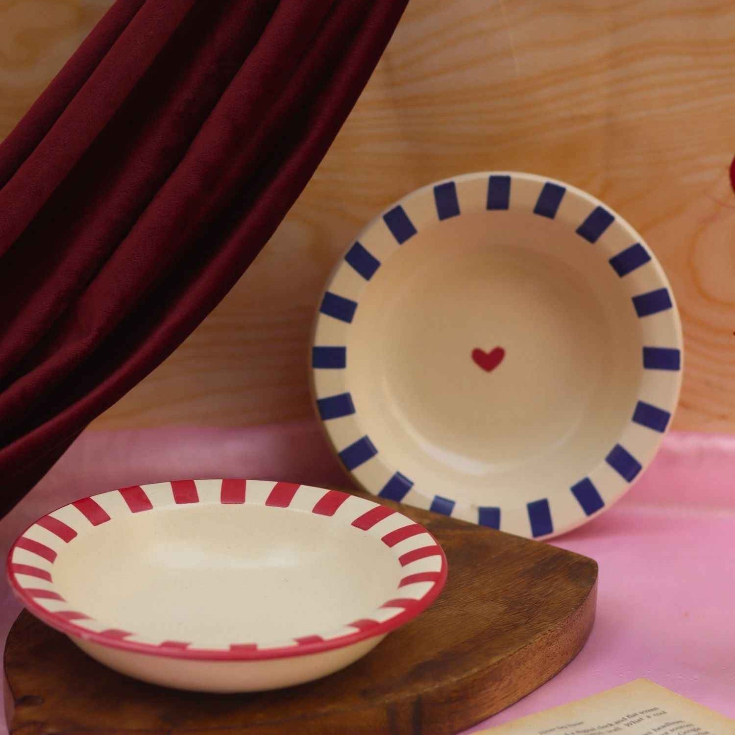 Set of 2 - Red & Blue striped pasta plates combo