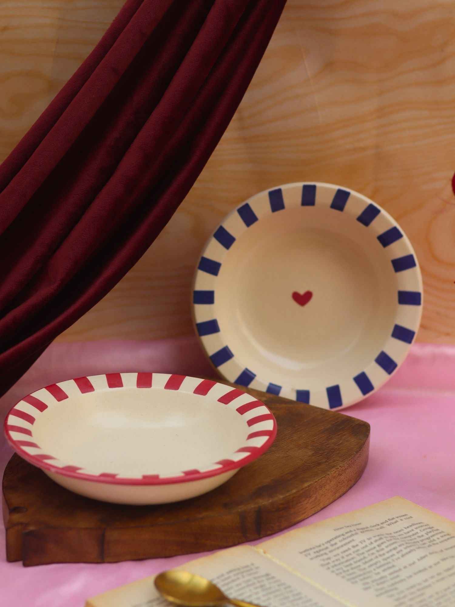 Set of 2 - Red & Blue striped pasta plates combo