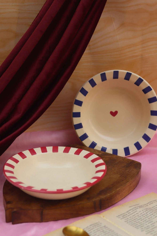 Set of 2 - Red & Blue striped pasta plates combo