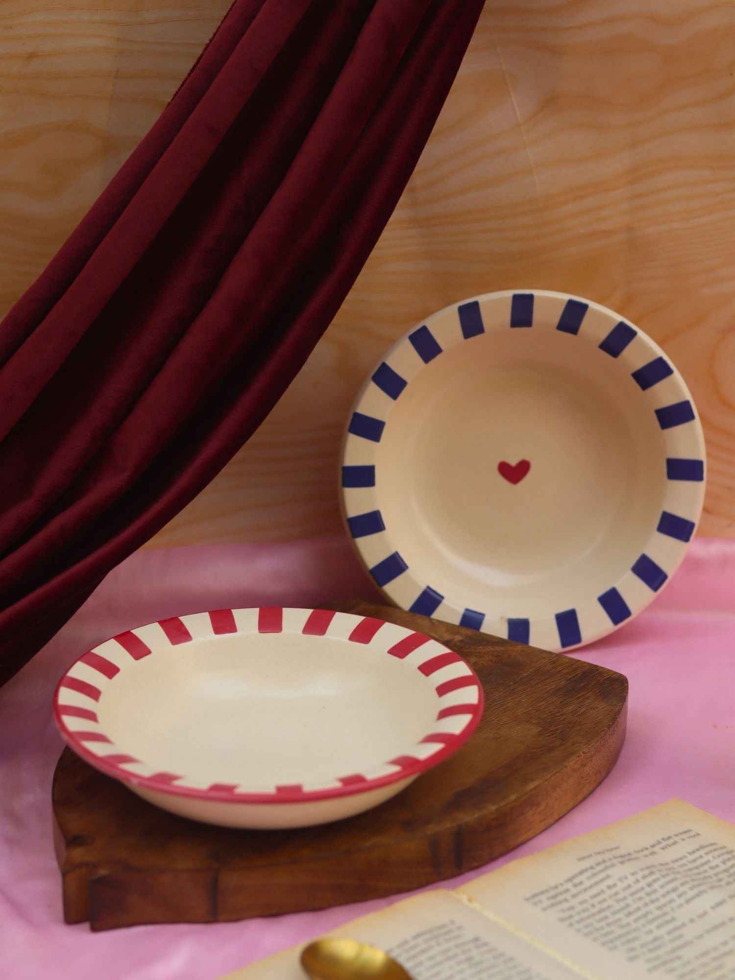 Set of 2 - Red & Blue striped pasta plates combo