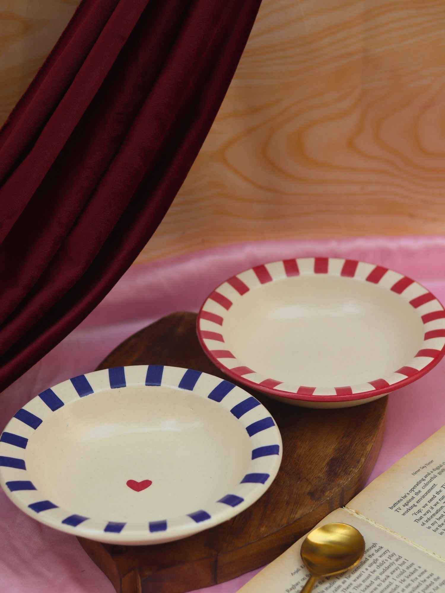 Set of 2 - Red & Blue striped pasta plates combo