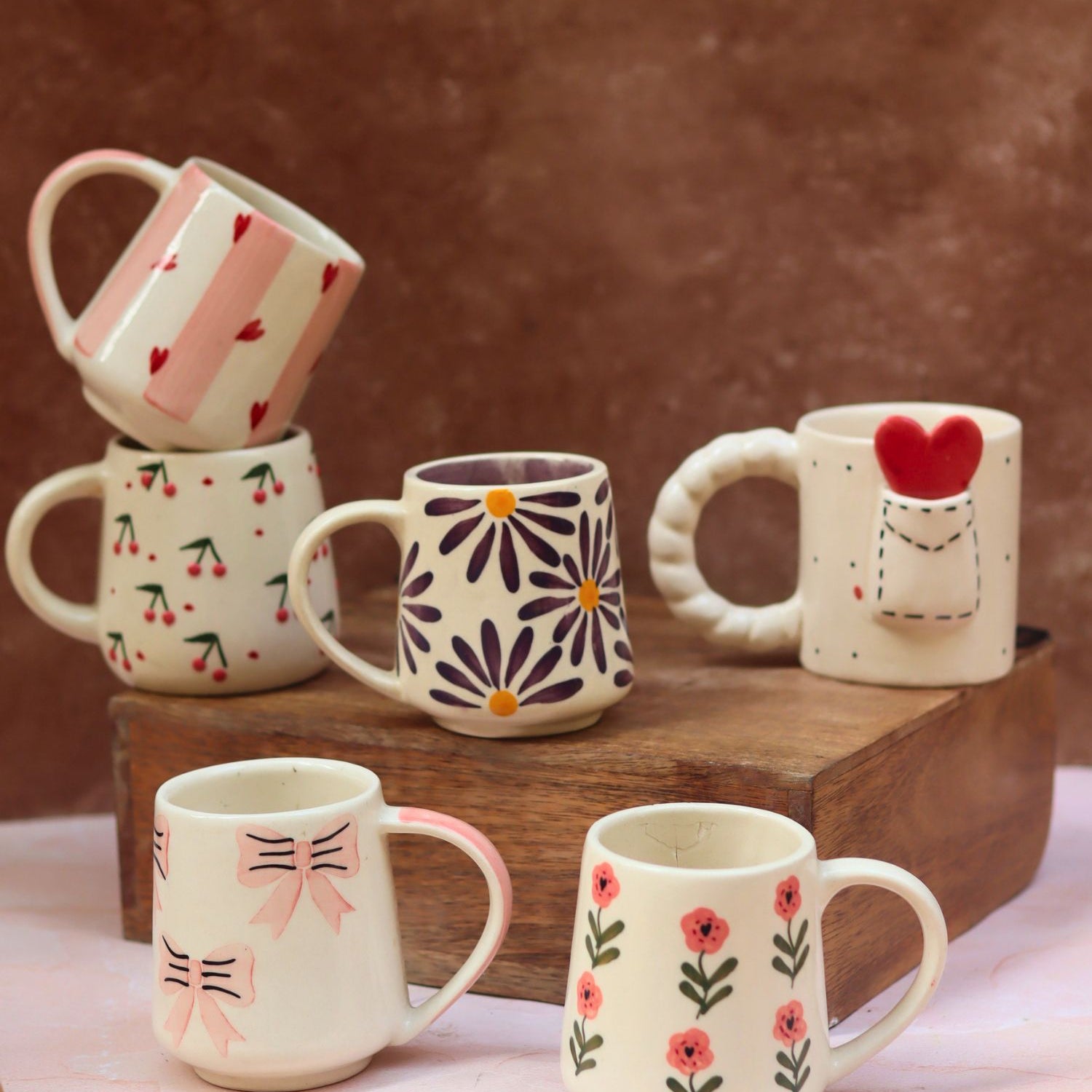 handmade Set of 6 Blooming Hearts Mugs (for the price of 5)