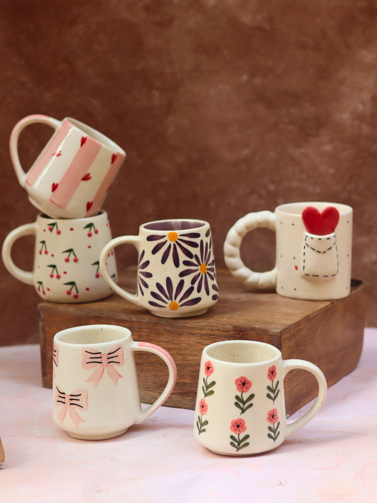 handmade Set of 6 Blooming Hearts Mugs (for the price of 5)