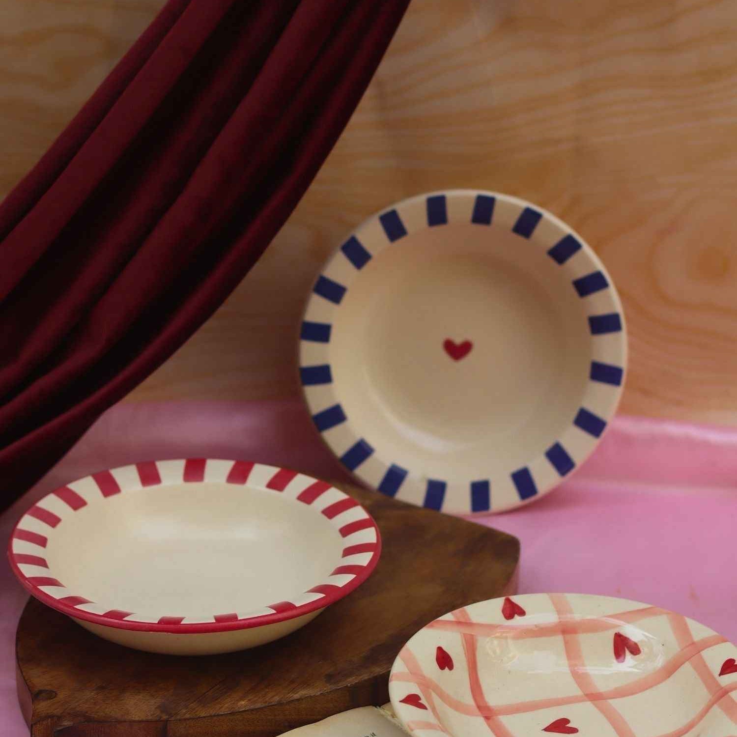 Set of 3 - Striped & Heart pasta plates combo