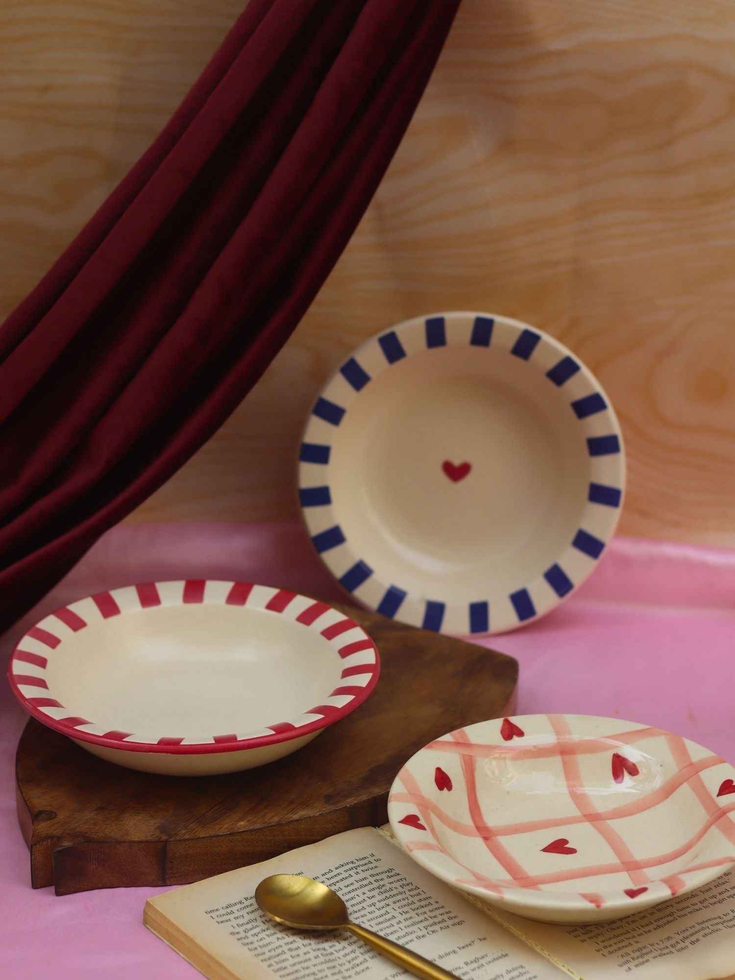 Set of 3 - Striped & Heart pasta plates combo
