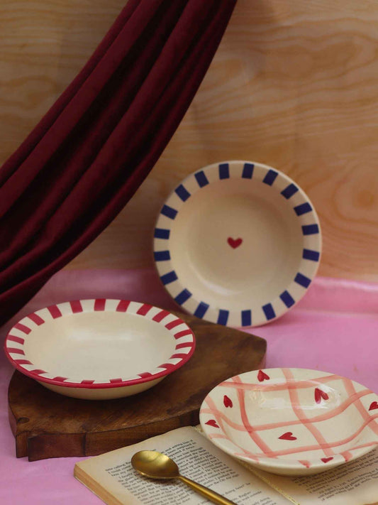 Set of 3 - Striped & Heart pasta plates combo