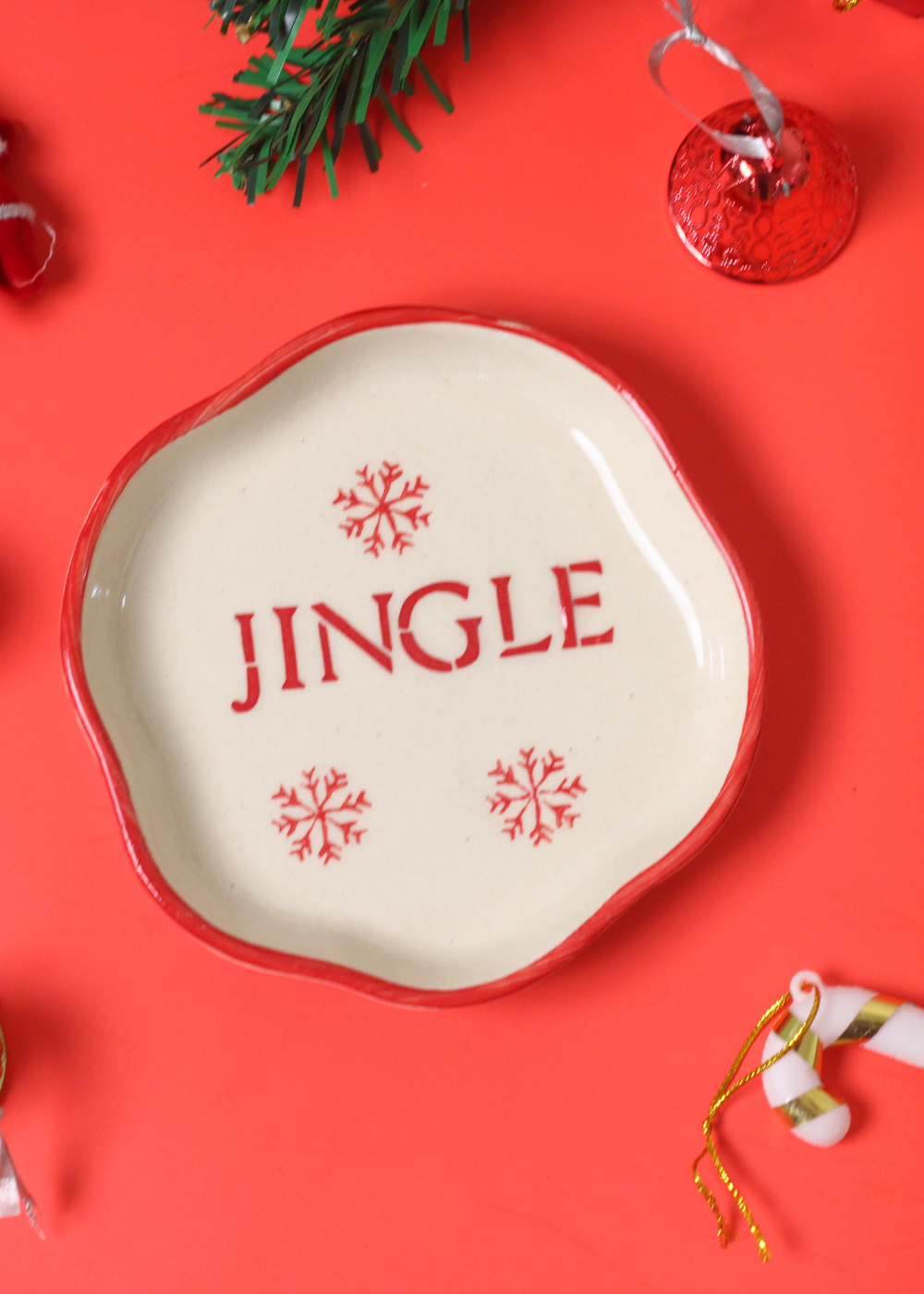 handmade jingle dessert plate with snow flake design