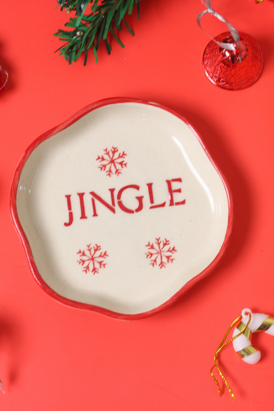 handmade jingle dessert plate with snow flake design