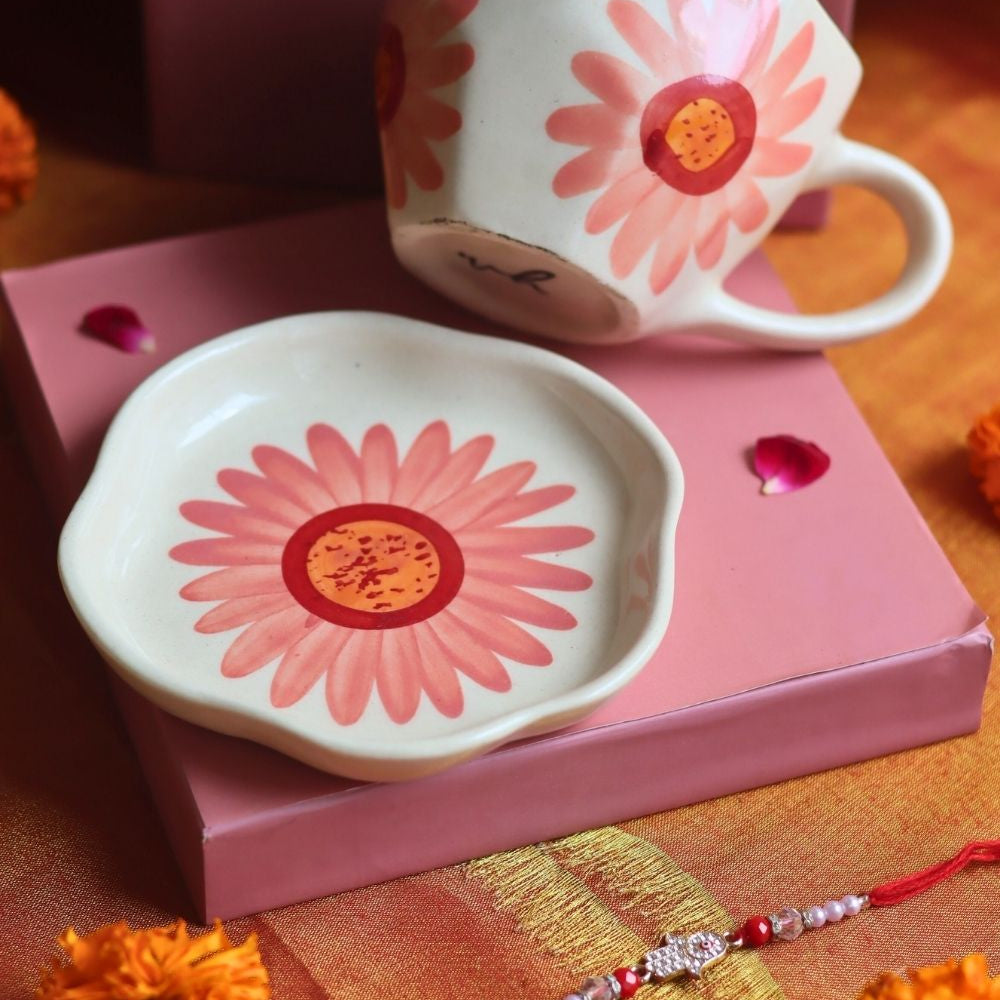 Handmade Flower Mug & Dessert Plate Rakhi Gift Box